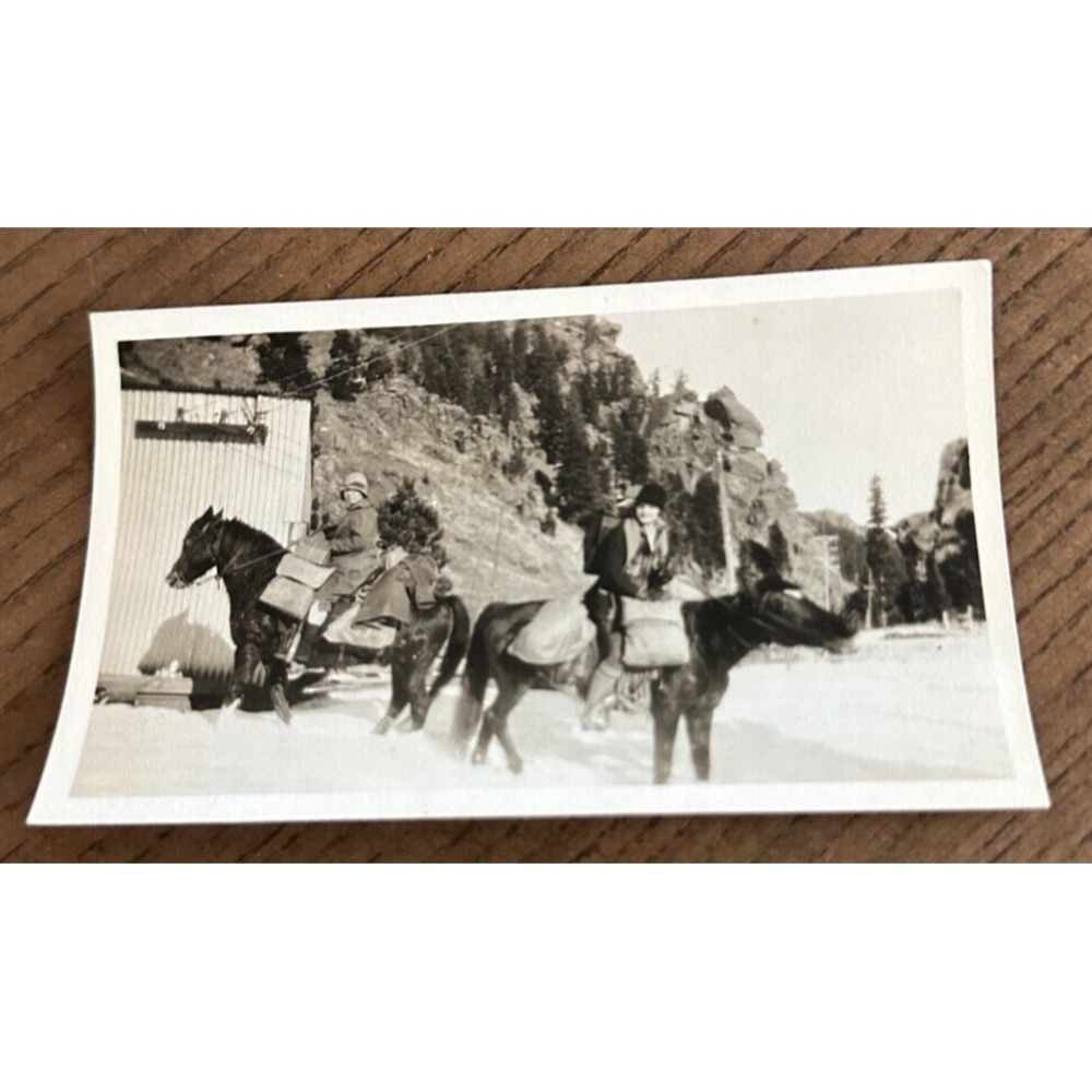 Vintage Photograph Pretty Young Women On Horse Back in Snow Packages Mountain